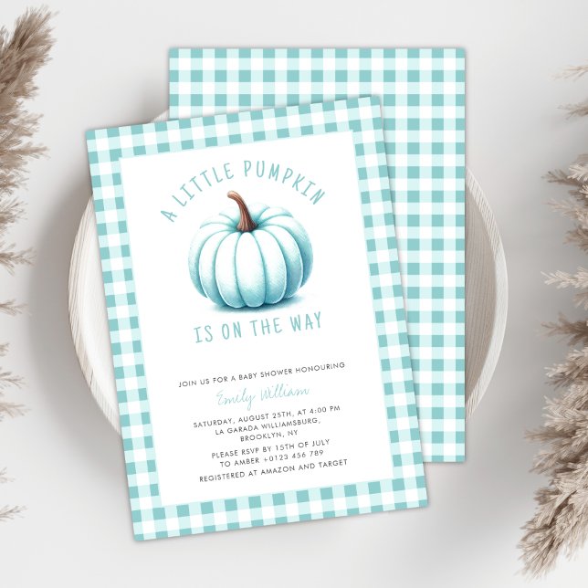 Invitation Citrouille bleu moderne En vichy Baby shower de ga (Créateur téléchargé)