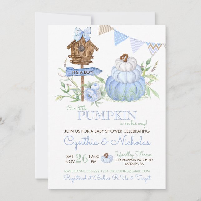 Invitation Citrouille bleu Patch Birdhouse Baby shower garçon (Devant)