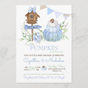 Invitation Citrouille bleu Patch Birdhouse Baby shower garçon