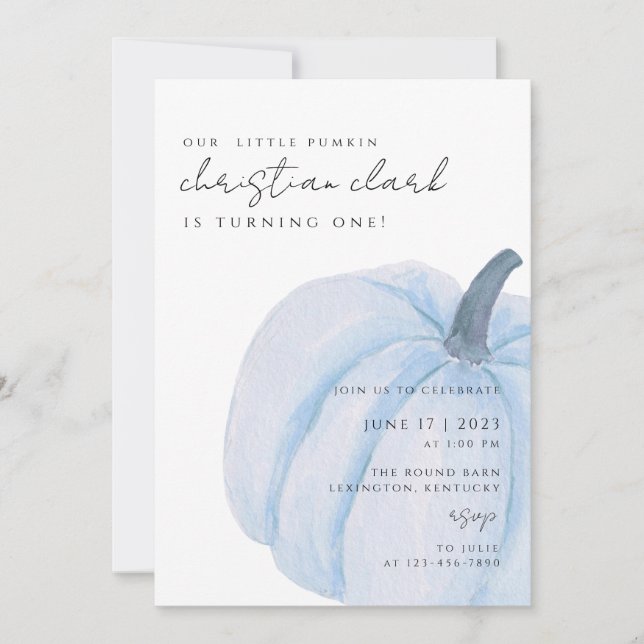 Invitation citrouille bleu Premier anniversaire garçon (Devant)