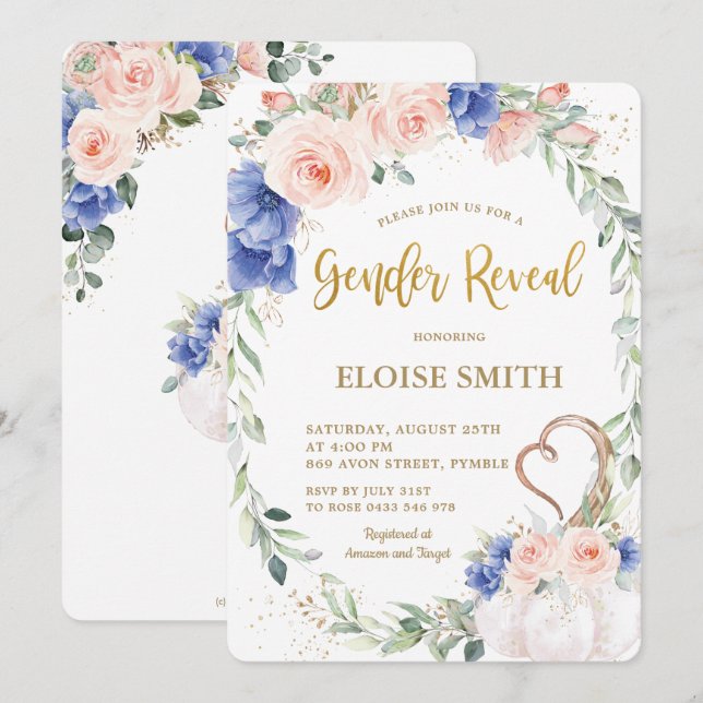 Invitation Citrouille Blush Blue Floral Wreath Sexe Révélatio (Devant / Derrière)