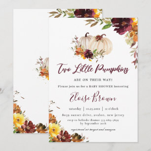 Invitation Citrouille Bourgogne Orange Floral Jumeaux Baby sh