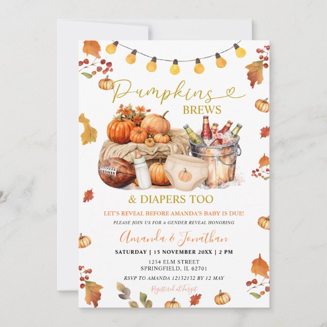 Invitation Citrouille Brews Diapers Fall Leaves Gender Reveve (Devant)
