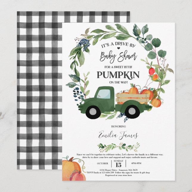 Invitation Citrouille Camion Baby shower d'automne neutre pou (Devant / Derrière)