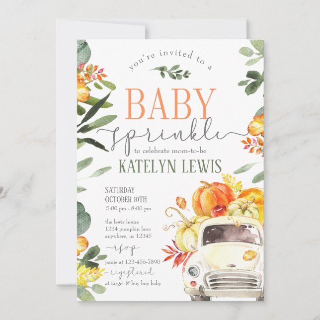 Invitation Citrouille Camion Baby Sprinkle Green (Devant)