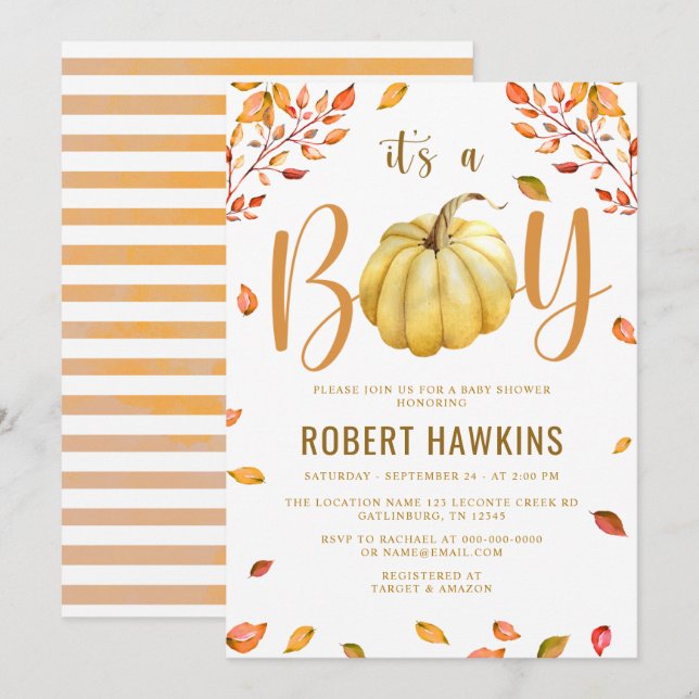 Invitation Citrouille C'est un Baby shower garçon (Devant / Derrière)