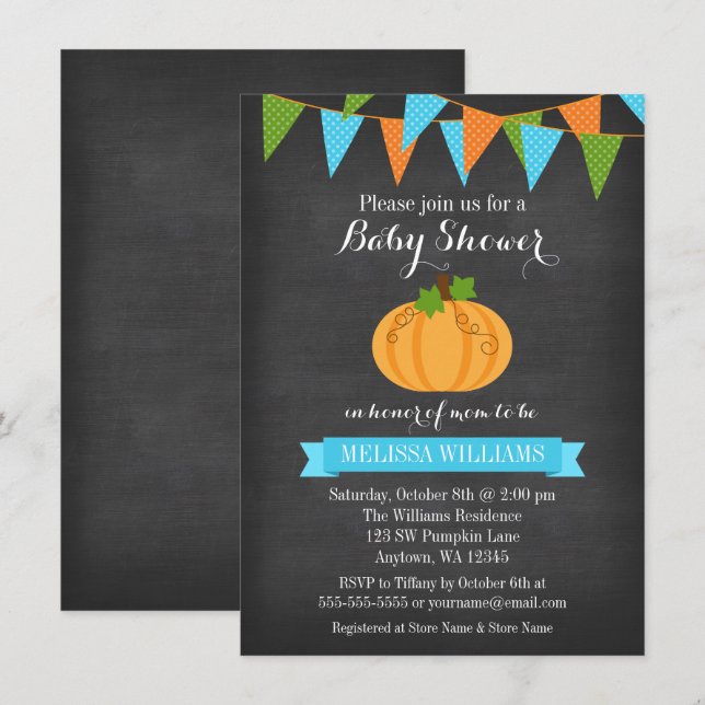 Invitation Citrouille Chalkboard Buny Boy Baby shower d'autom (Devant / Derrière)