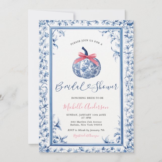 Invitation Citrouille Chinoiserie Blue Floral Automne Fête de (Devant)