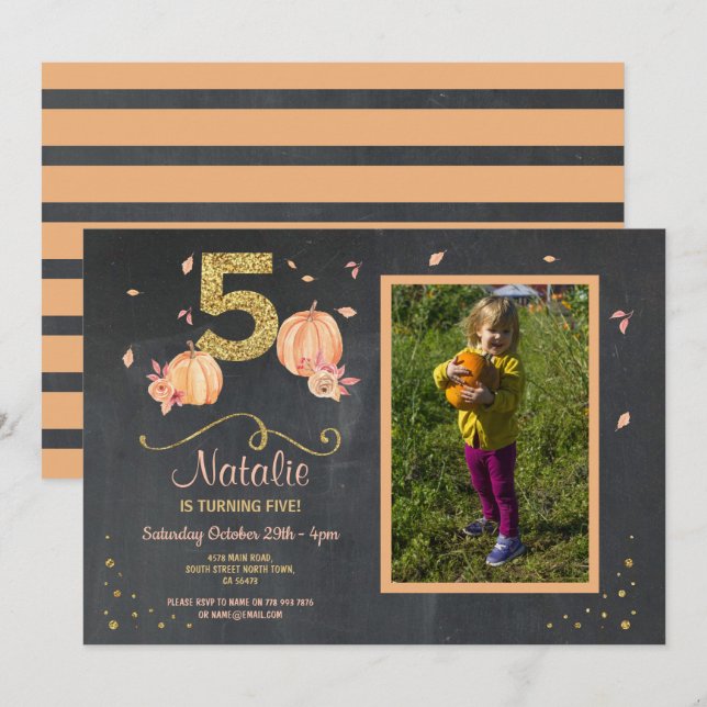 Invitation Citrouille CINQ Anniversaire 5E Fête d'automne Inv (Devant / Derrière)