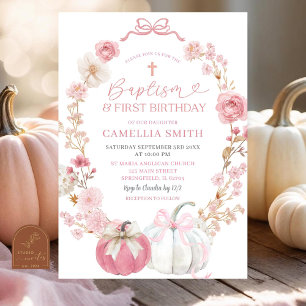 Invitation Citrouille Coquette Ruban Rose Baptême et Annivers