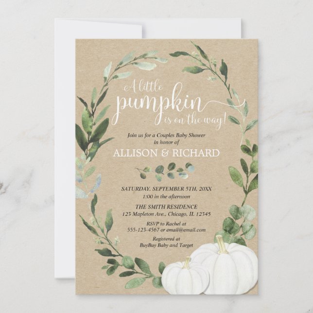 Invitation Citrouille couples baby shower, vert neutre (Devant)