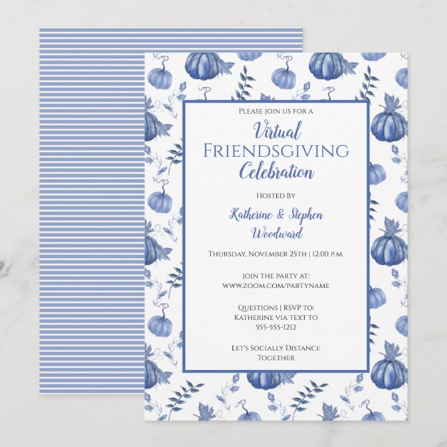 Invitation Citrouille d'aquarelle bleu Virtual Friendsgiving (Devant / Derrière)