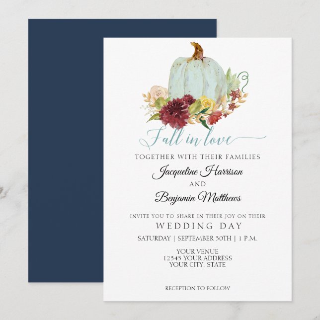 Invitation Citrouille d'aquarelle de la marine russe Floral d (Devant / Derrière)