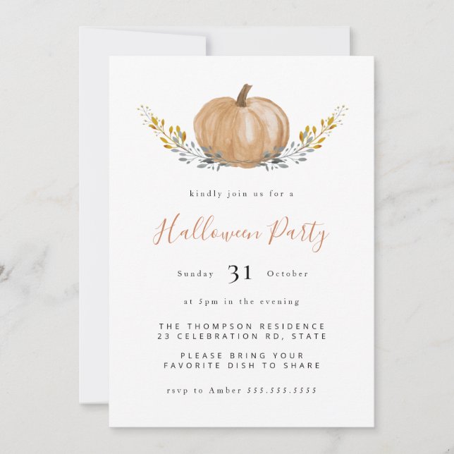 Invitation Citrouille d'aquarelle minimale fête d'Halloween (Devant)