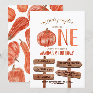 Invitation citrouille d'aquarelle "un" 1er anniversaire