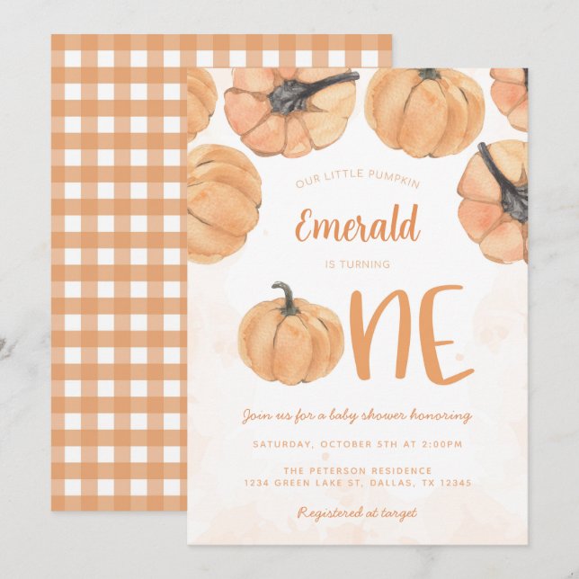 Invitation Citrouille d'automne 1er anniversaire fête (Devant / Derrière)
