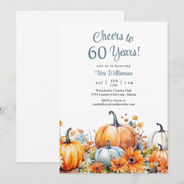 Invitation Citrouille d'automne 60e anniversaire Cheers à 60  (Devant / Derrière)