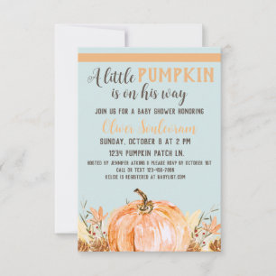 Invitation Citrouille d'automne Baby shower bleu,