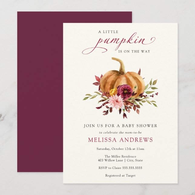 Invitation Citrouille d'automne Bourgogne Baby shower de feui (Devant / Derrière)