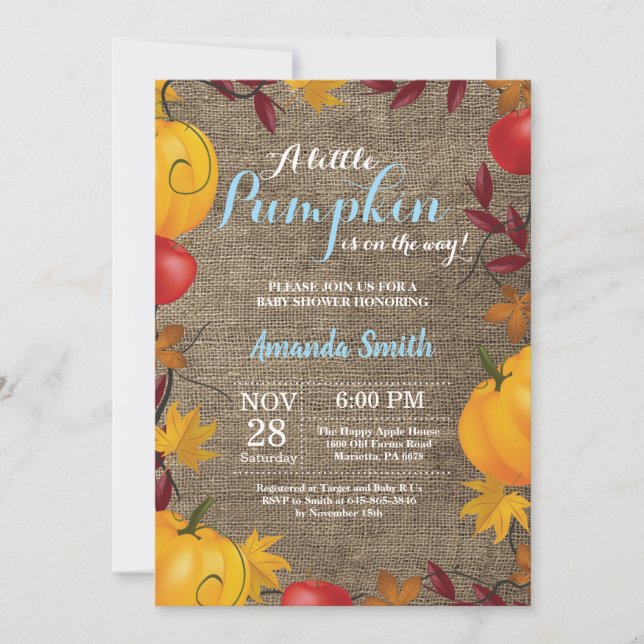 Invitation Citrouille d'automne Burlap Boy Baby shower invita (Devant)