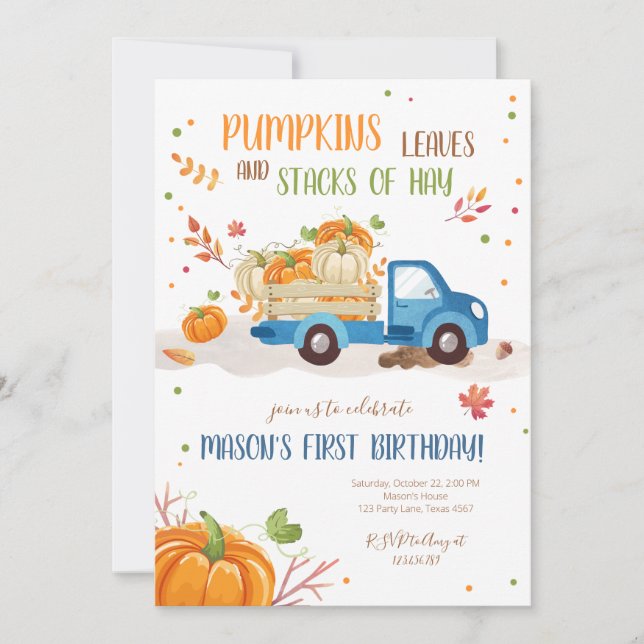 Invitation Citrouille d'automne Camion bleu Orange Green Boy  (Devant)
