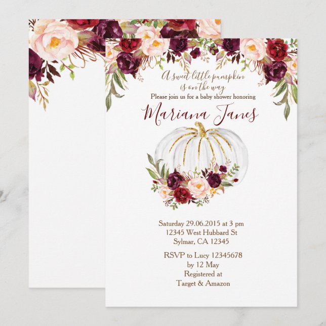 Invitation Citrouille d'automne et Baby shower floral de Bour (Devant / Derrière)