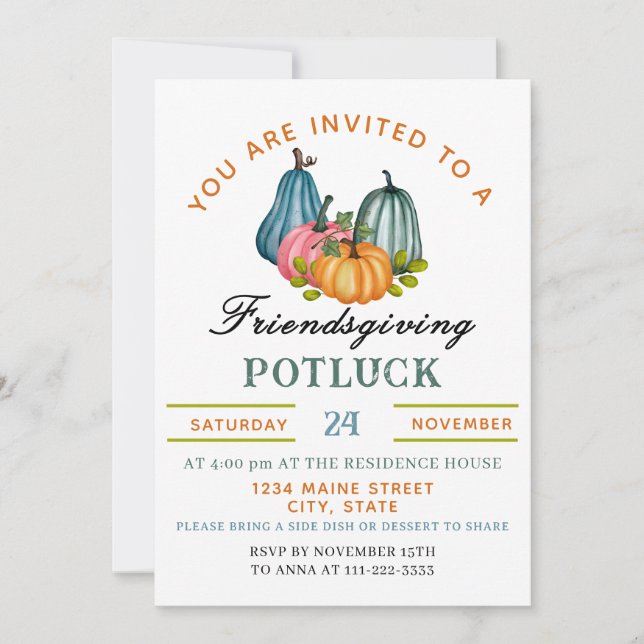Invitation Citrouille d'automne Friendsgiving Potluck Invitat (Devant)