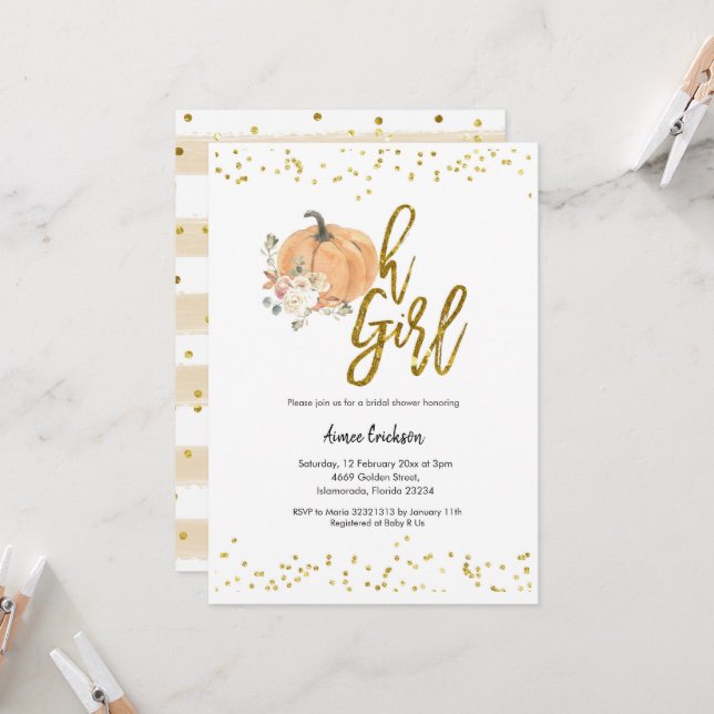 Invitation Citrouille d'automne Oh Baby shower fille (Devant/Arrière en situation)