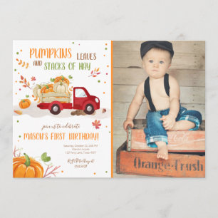 Invitation Citrouille d'automne RedTruck Orange Green Boy Ann