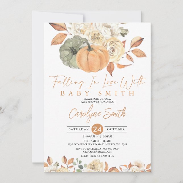Invitation Citrouille d'automne tombant dans le Baby shower d (Devant)