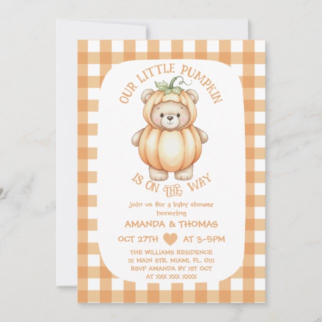 Invitation Citrouille de l'ours Baby shower neutre (Devant)
