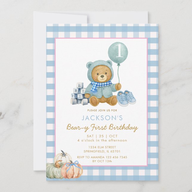 Invitation Citrouille de l'ours bleu Beary premier anniversai (Devant)