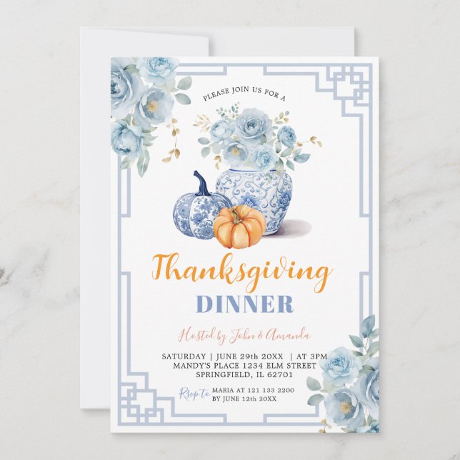 Invitation Citrouille de Thanksgiving Blue Peony Chinoiserie  (Devant)