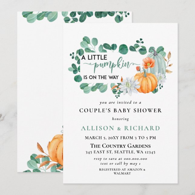 Invitation Citrouille d'Eucalyptus Baby shower de l'automne n (Devant / Derrière)