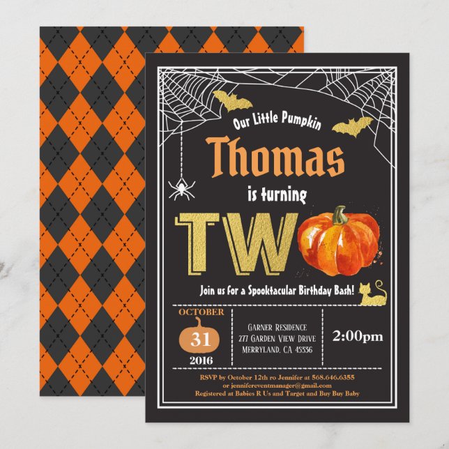 Invitation citrouille d'Halloween 2e anniversaire Gold noir (Devant / Derrière)