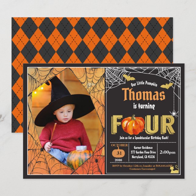 Invitation Citrouille d'Halloween 4e anniversaire photo (Devant / Derrière)
