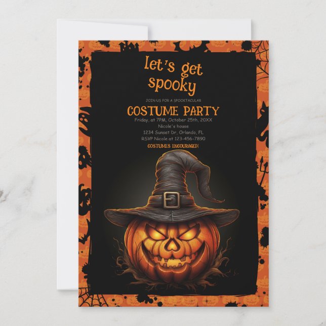 Invitation Citrouille d'Halloween avec Casquette de sorcière (Devant)