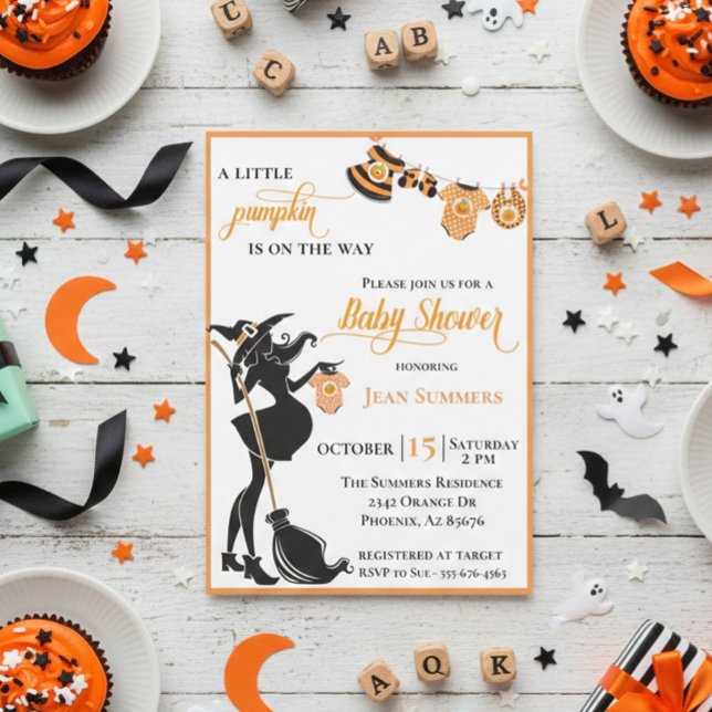 Invitation Citrouille d'Halloween en route Fête bébé sorcière (Créateur téléchargé)