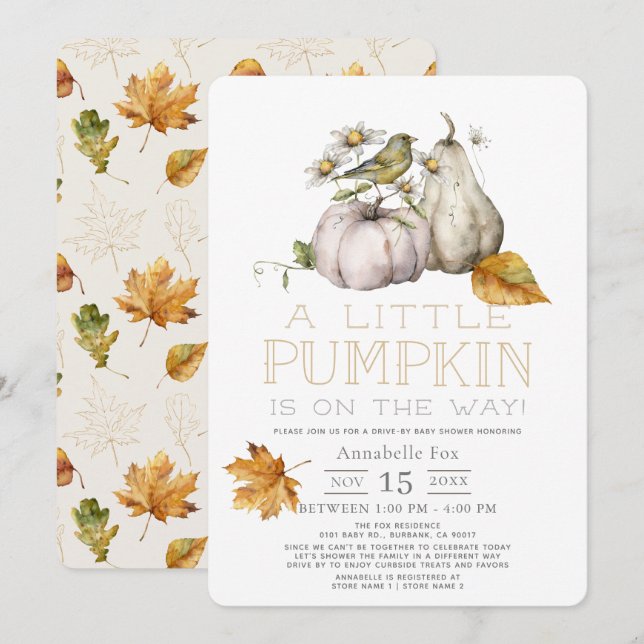 Invitation Citrouille d'oiseau Automne Aquarelle Baby shower  (Devant / Derrière)