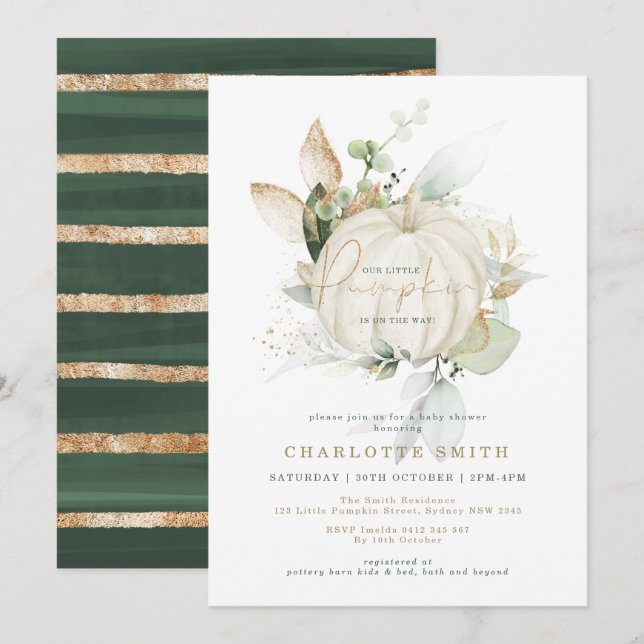 Invitation Citrouille d'or de verdure chic Baby shower d'auto (Devant / Derrière)