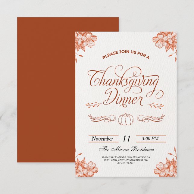 Invitation Citrouille du dîner de Thanksgiving rustique (Devant / Derrière)