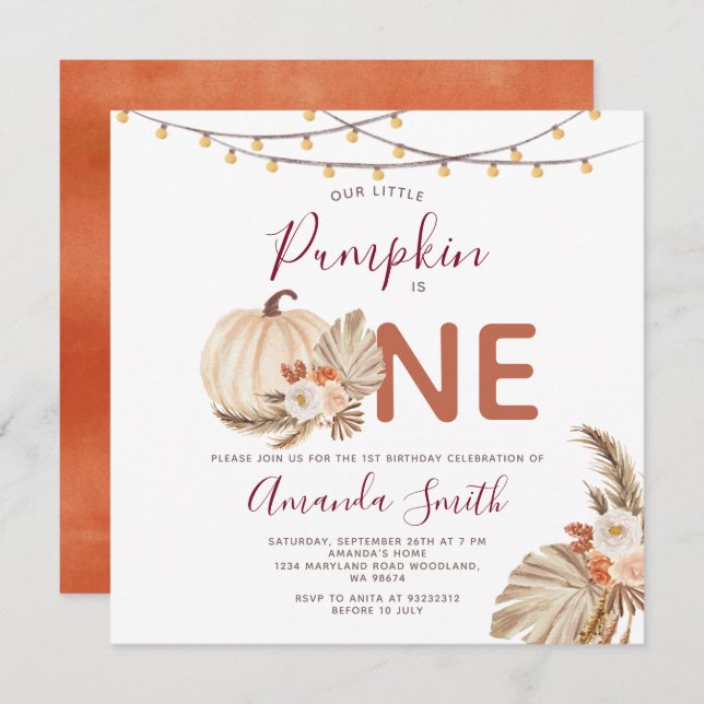 Invitation Citrouille en herbe de Pampas Boho est une florale (Devant / Derrière)