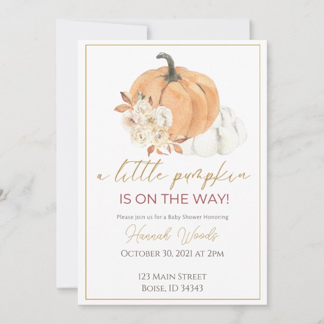Invitation Citrouille est sur le chemin du baby shower fleuri (Devant)