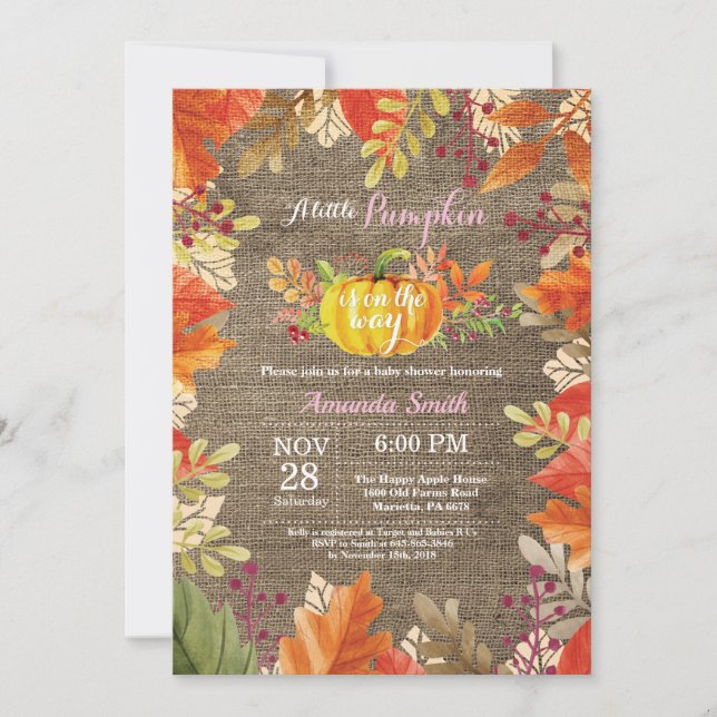 Invitation Citrouille Fall Burlap Girl Baby shower (Devant)