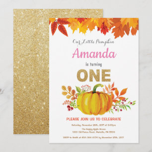 Invitation Citrouille Fille Premier Anniversaire Paillettes D