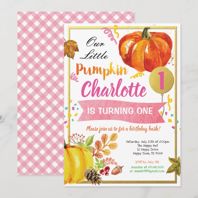 Invitation Citrouille fille premier anniversaire rose et or (Devant / Derrière)