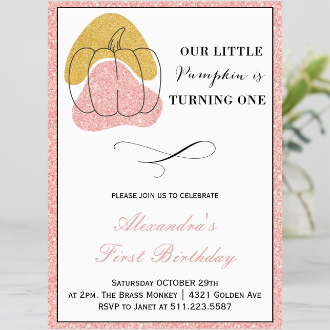 Invitation Citrouille fille rose or Halloween 1er anniversair (Halloween-1st-birthday-Invitation-Pumpkin-Girl-Pink-Gold-1)