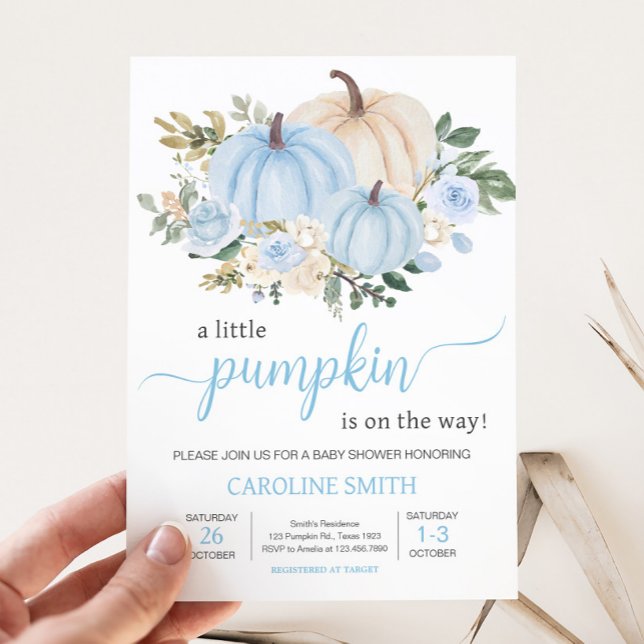 Invitation Citrouille floral à automne bleu (Fall Pumpkin Baby Shower Invitation
)