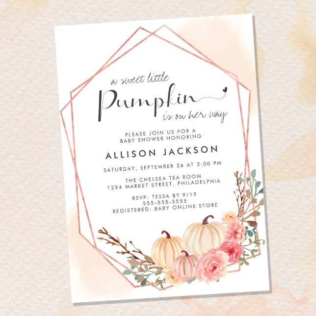 Invitation Citrouille Floral Aquarelle bébé fille douche (Celebrate the upcoming arrival of your sweet little autumn baby with a pumpkin-themed baby shower)