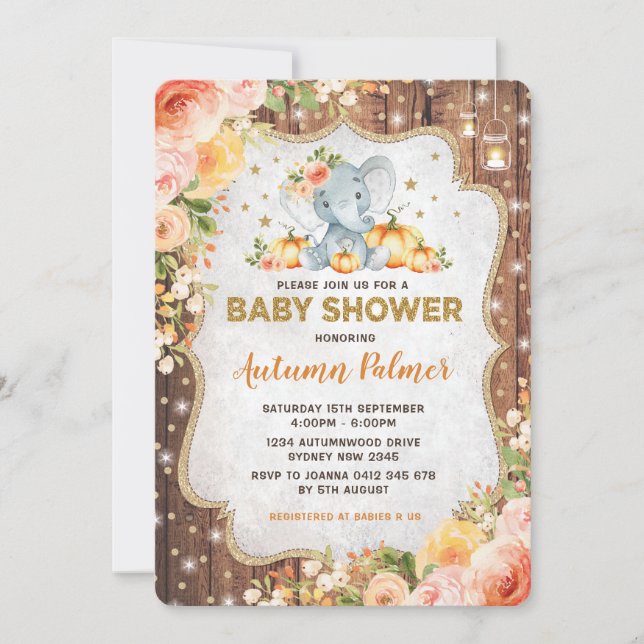 Invitation Citrouille floral d'automne de baby shower (Devant)